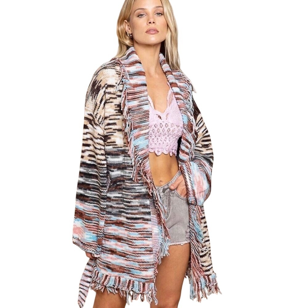 POL Sunset Ranch Tie Waist Midi Cardigan Women's Small Brown Blue‎ Tassel Fringe